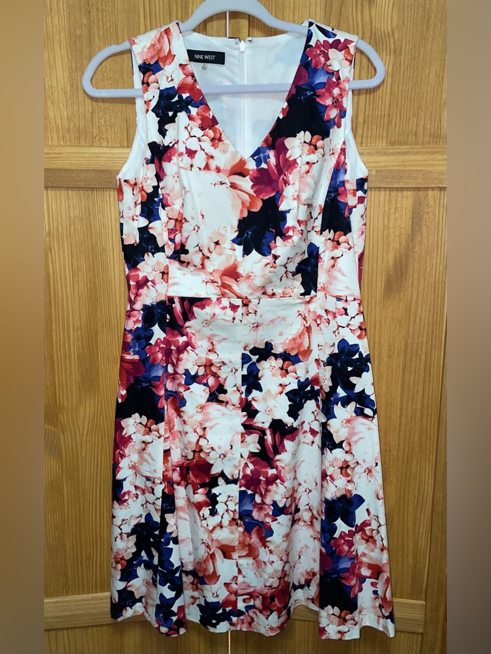 Nine West White Floral Midi Dress with Pink & Navy Accents